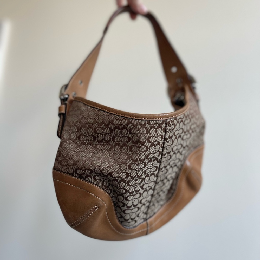 Y2K Coach mini SoHo Hobo Tan and Brown Jacquard Baggette shoulder bag 90s 2000s